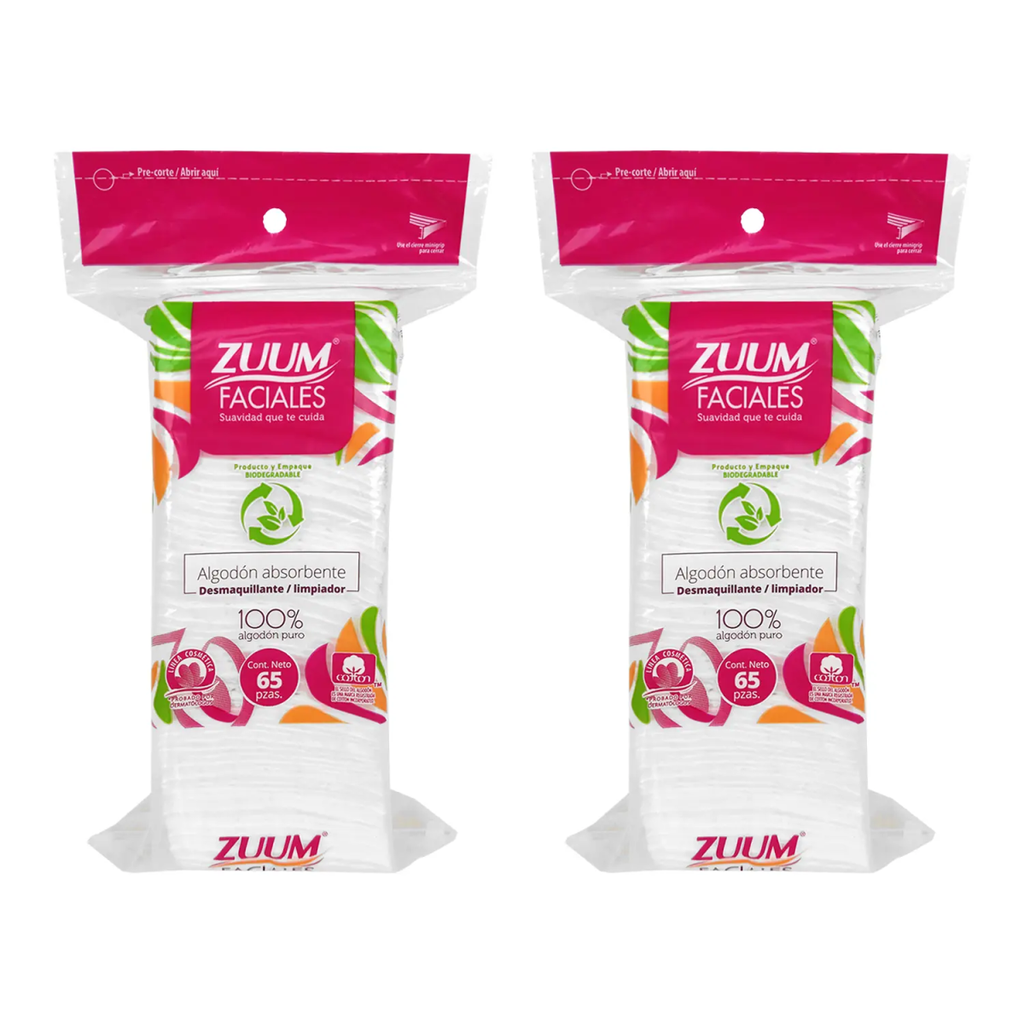 ALGODON ZUUM FACIAL DOS PZS CON 65 ALMOHADILLAS C/U - 130 Piezas