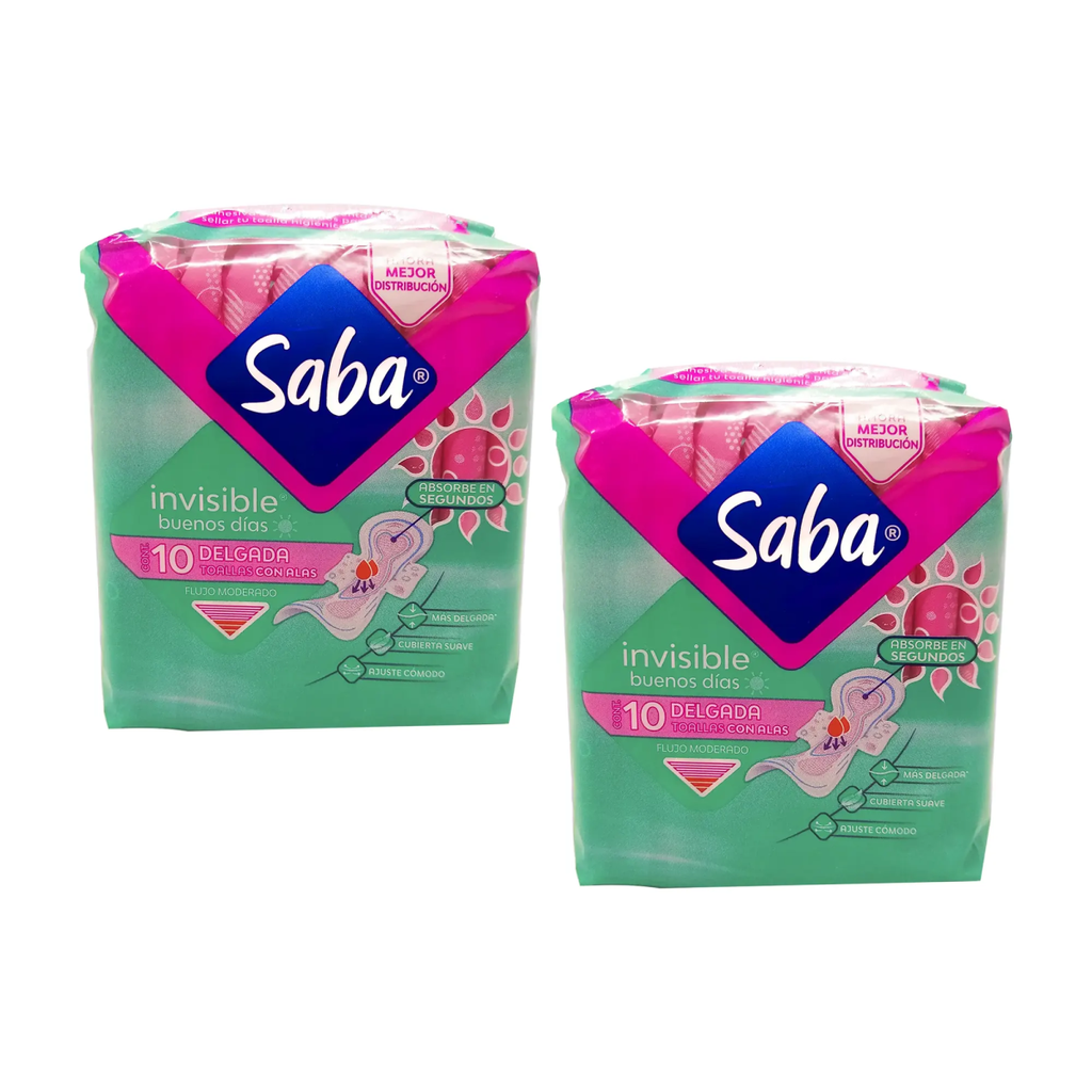 SABA INVISIBLE CON ALAS DOS PZS CON 10 TOALLAS C/U - 2 Piezas