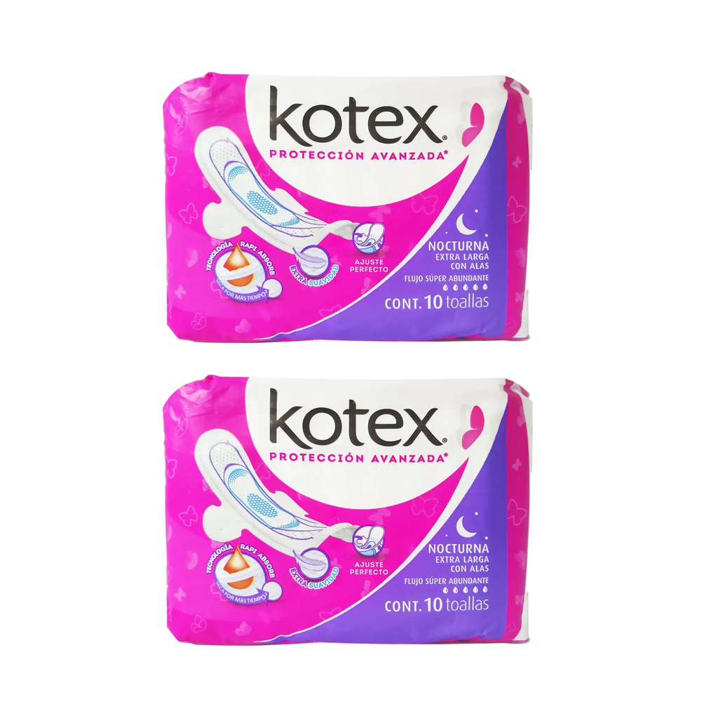KOTEX NOCTURNA CON ALAS DOS PZS CON 10 TOALLAS C/U - 2 Piezas