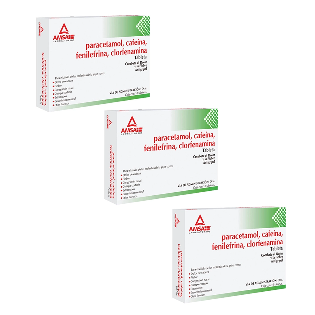 PARACETAMOL CAFEINA FENILEFRINA CLORFENAMINA 500/25/5/4 MG TRES CAJAS CON 10 TABS C/U 500/25/5/4 mg 30 Tableta(s)