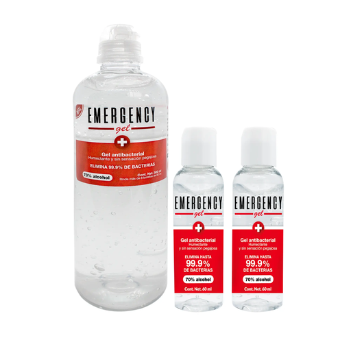 EMERGENCY GEL ANTIBACTERIAL 1 PZ 500 ML + 2 PZS DE 60 ML 620 Mililitros