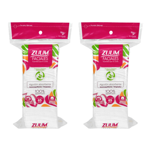 ALGODON ZUUM FACIAL DOS PZS CON 65 ALMOHADILLAS C/U - 130 Piezas