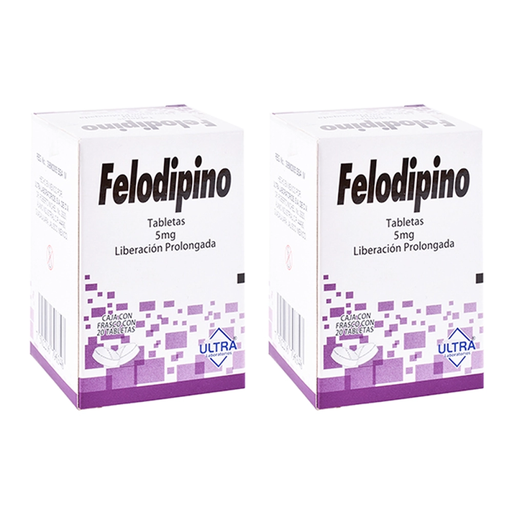 FELODIPINO 5 MG DOS CAJAS CON 20 TABS C/U 5 mg 40 Tableta(s)