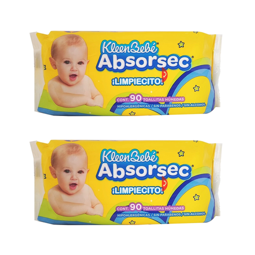 TOALLITAS KLEEN BEBE ABSORSEC DOS PAQ CON 90 PZS C/U - 2 Piezas