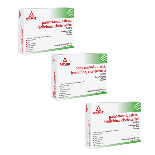 PARACETAMOL CAFEINA FENILEFRINA CLORFENAMINA 500/25/5/4 MG TRES CAJAS CON 10 TABS C/U 500/25/5/4 mg 30 Tableta(s)