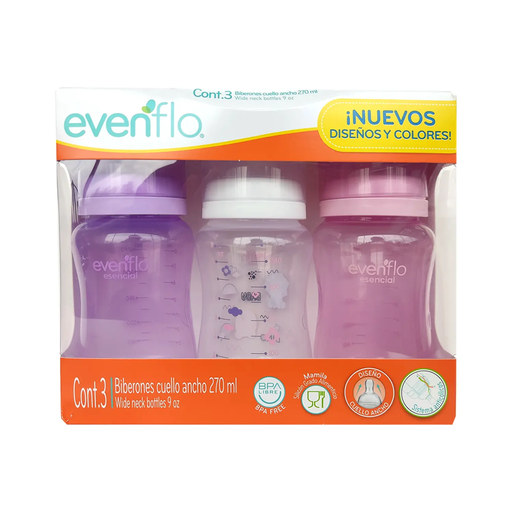 EVENFLO BIBERONES CUELLO ANCHO 270 ml - 3 Biberones