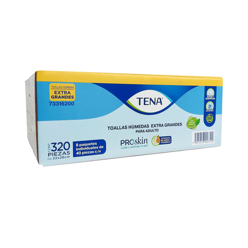 TENA TOALLAS HUMEDAS CAJA C/8 PAQUETES IND C/40 PZAS C/U EXTRA GRANDES 320 Piezas