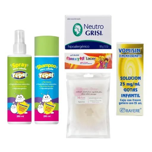 KIT 1 SPRAY SURE REPEL+ 1 SHAMPOO SURE REPEL+ 1 JABON NEUTRO GRISI+ 1 FLUOXYTIL LACER+1 VOMISIN+1 ESPONJA MYFEM KONJAC