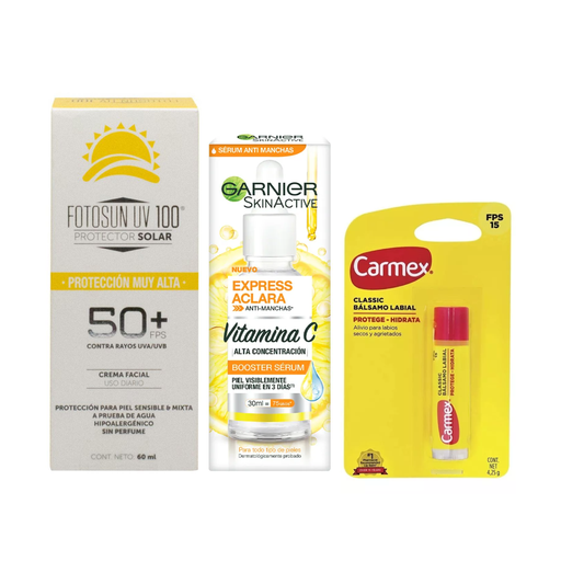 Kit Fotosun Facial + Sérum Anti Manchas Garnier Express + Carmex con Fps15 Sabor Classic