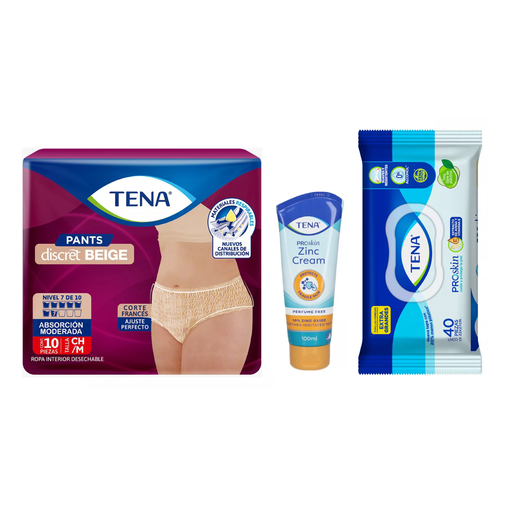 Tena Pants Discret Beige 10 pzas + Toallas Húmedas Tena Proskin Extra Grande 40 Piezas +Crema De Zinc Tena