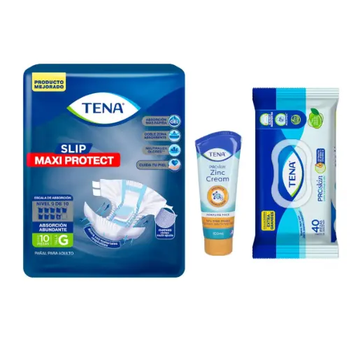 Pañales para adultos Tena Slip Maxi Protect talla G paquete de 10 unidades + Toallas Húmedas Tena Proskin Extra Grande 40 Piezas + Crema De Zinc Tena